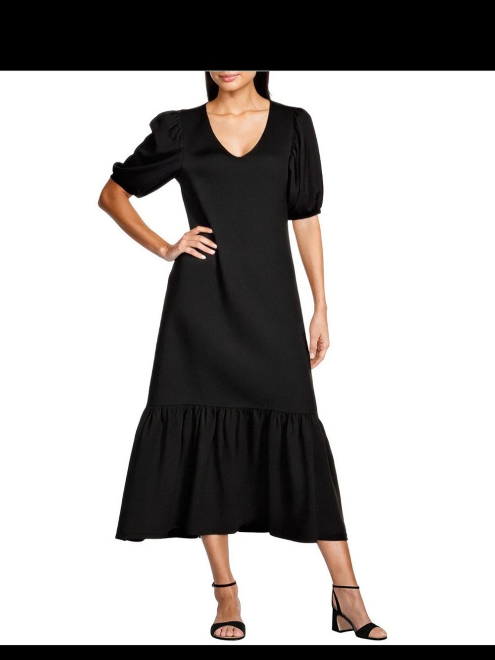 Gibson Latimer Black V-Neck Puff Sleeve Midi Dress with Ruffled Hem